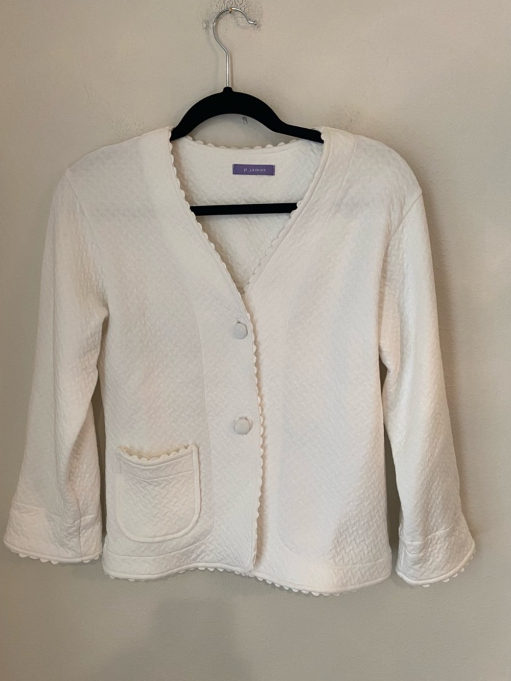 P.Jamas Quilted Basketweave Bed Jacket White XS Pima Cotton Button Cardigan